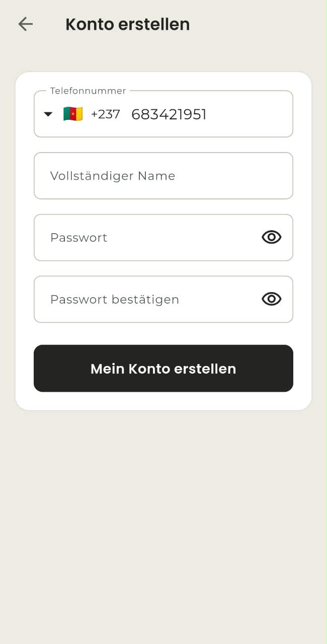 Bildschirm zur Kontoerstellung