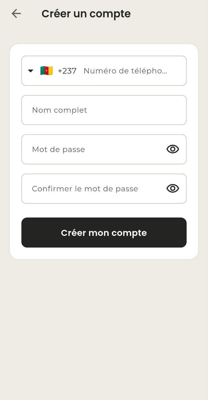 Écran de création de compte